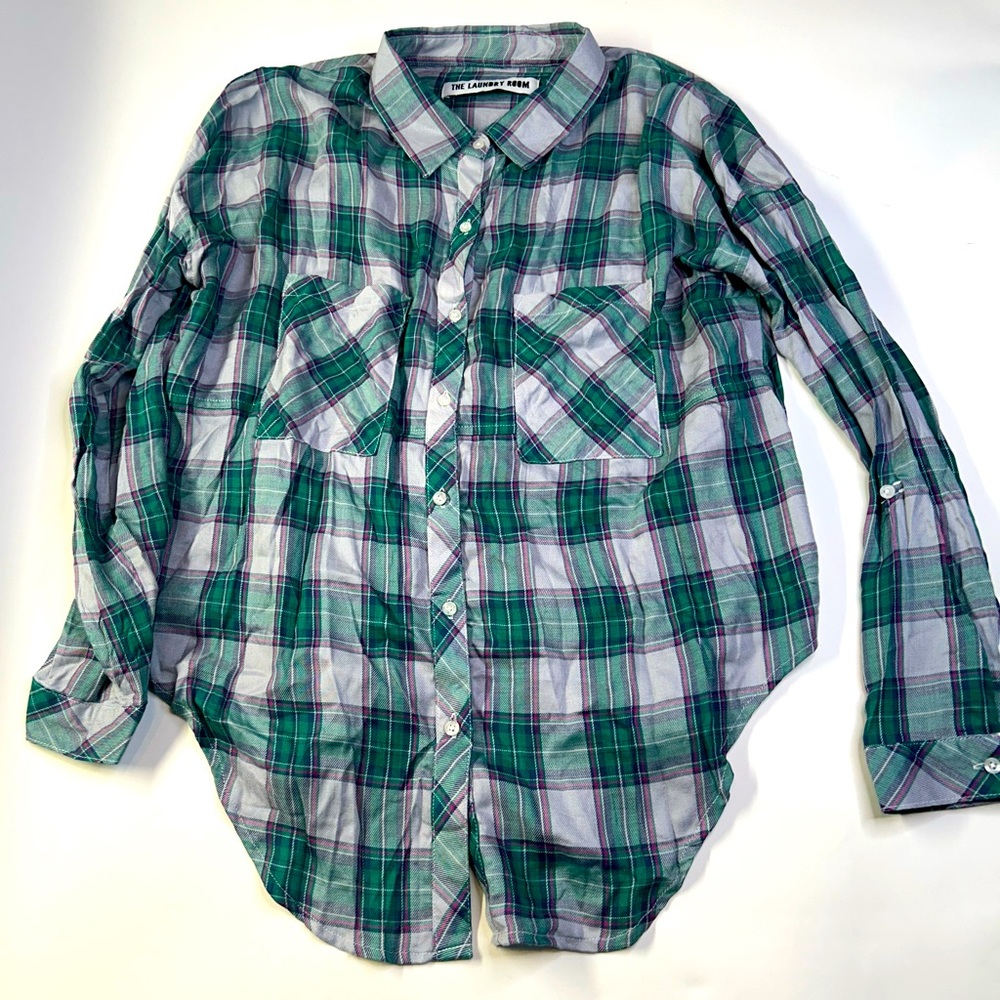 The Laundry Room Green Plaid Flannel Long Sleeve Top with Open Back Detail
